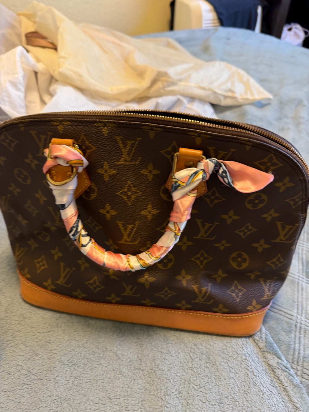 Louis Vuitton Brown Monogram Alma Satchel with Pink Scarf-Wrapped Handles